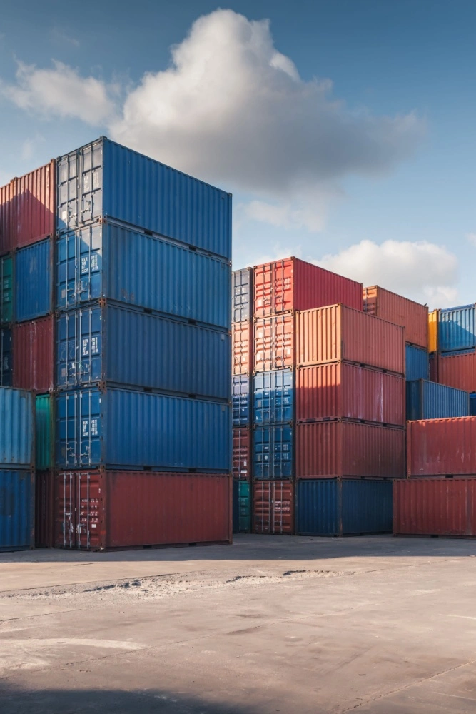 Comprehensive Logistics Yard Monitoring by LVT Stacks of shipping containers at a logistics yard, secured with LiveView Tech's remote monitoring systems