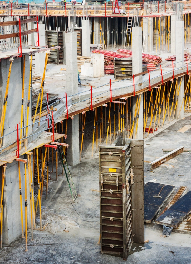 Construction site with safety scaffolding and secure infrastructure
