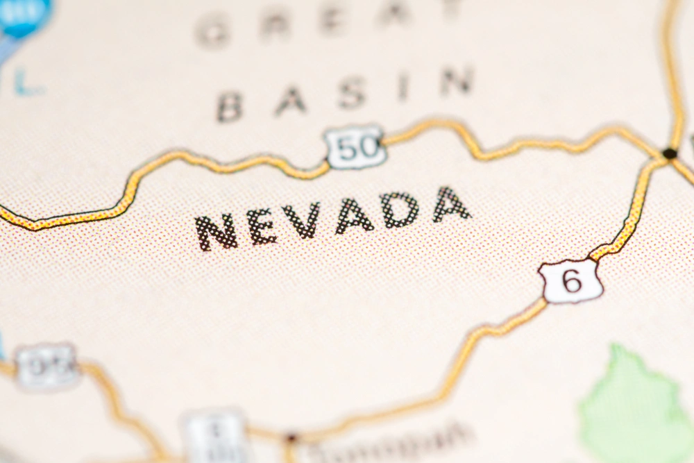 Nevada Coverage by LiveViewTech Security Solutions Close-up of a Nevada state map emphasizing the Great Basin and major highways covered by LiveView Tech services